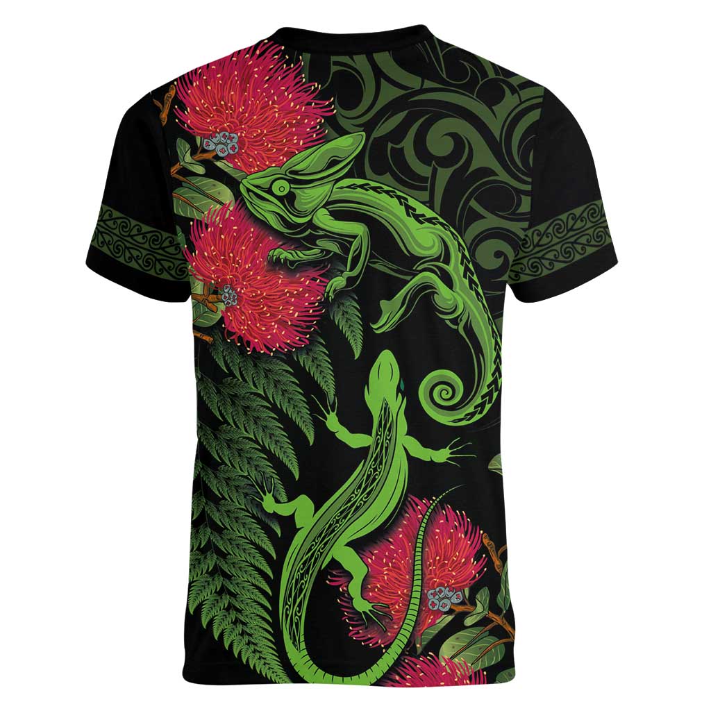 New Zealand Chameleon and Gecko Women V-Neck T-Shirt Maori Silver Fern and Pohutukawa Decoration LT03 - Polynesian Pride