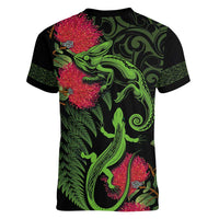 New Zealand Chameleon and Gecko Women V-Neck T-Shirt Maori Silver Fern and Pohutukawa Decoration LT03 - Polynesian Pride