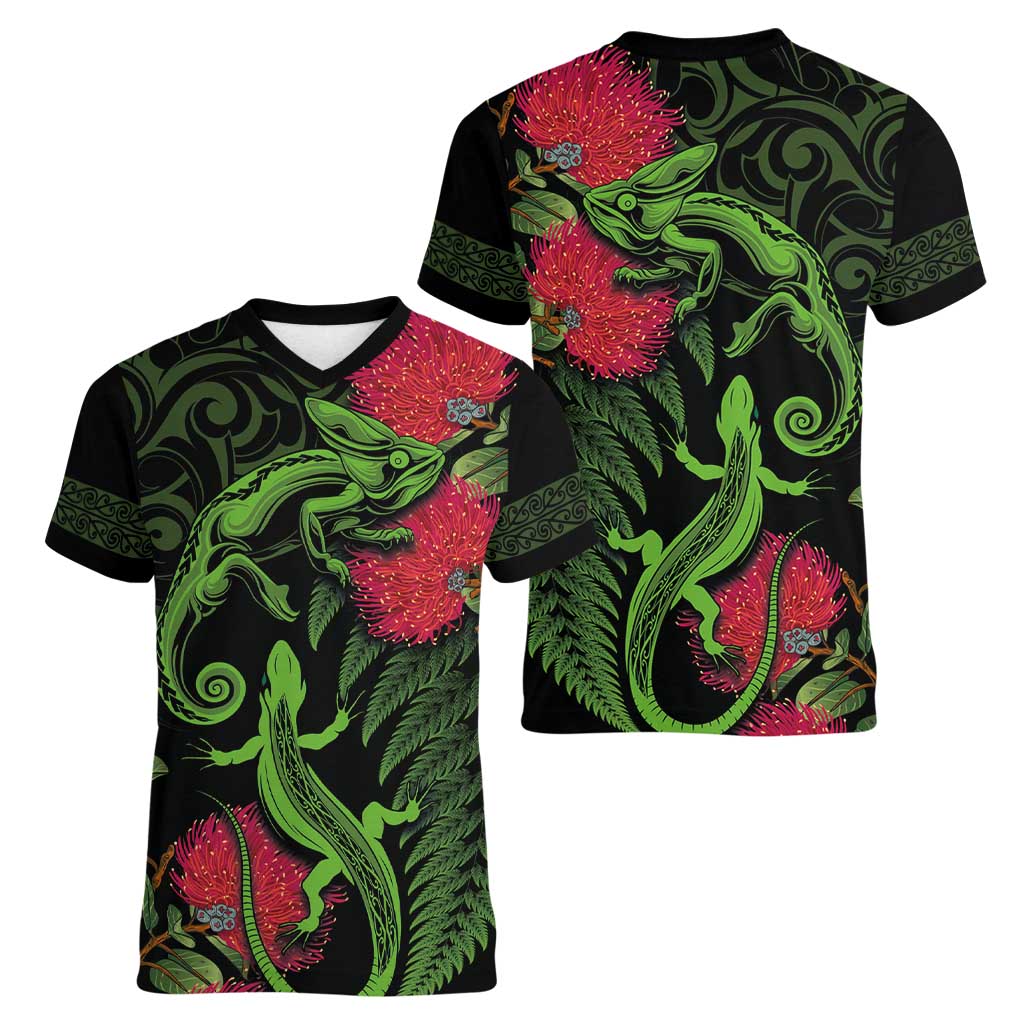 New Zealand Chameleon and Gecko Women V-Neck T-Shirt Maori Silver Fern and Pohutukawa Decoration LT03 - Polynesian Pride