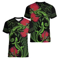 New Zealand Chameleon and Gecko Women V-Neck T-Shirt Maori Silver Fern and Pohutukawa Decoration LT03 - Polynesian Pride