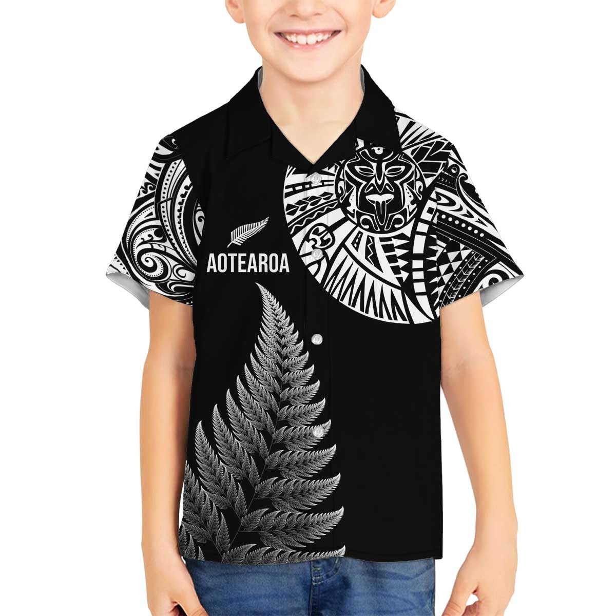 Personalised New Zealand Maori Art Tattoo and Silver Fern Family Matching Off Shoulder Short Dress and Hawaiian Shirt