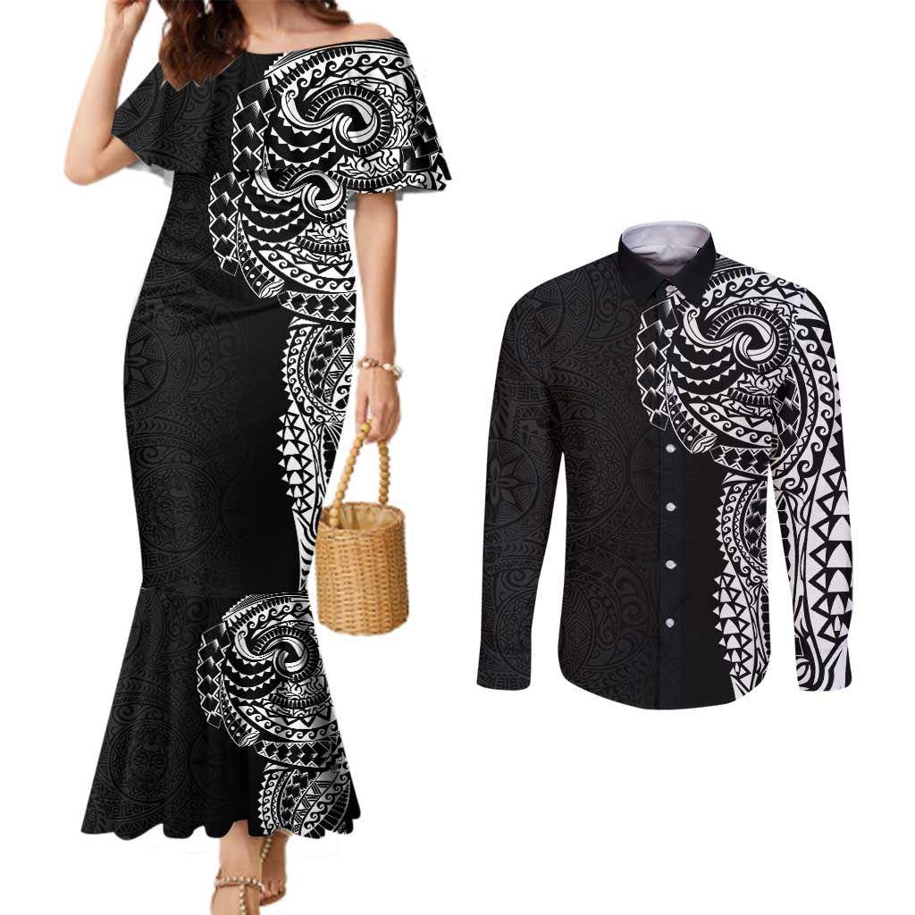 Polynesian Art Traditional Tattoo Pattern Couples Matching Mermaid Dress and Long Sleeve Button Shirt LT03 Black - Polynesian Pride