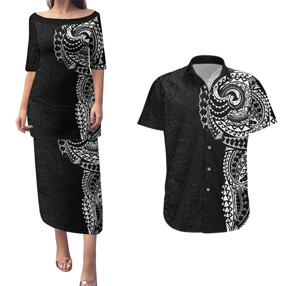 Polynesian Art Traditional Tattoo Pattern Couples Matching Puletasi and Hawaiian Shirt LT03 Black - Polynesian Pride
