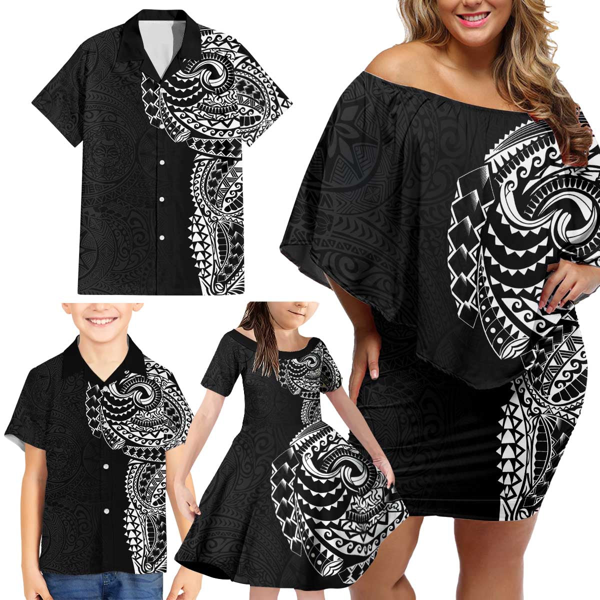 Polynesian Art Traditional Tattoo Pattern Family Matching Off Shoulder Short Dress and Hawaiian Shirt LT03 - Polynesian Pride
