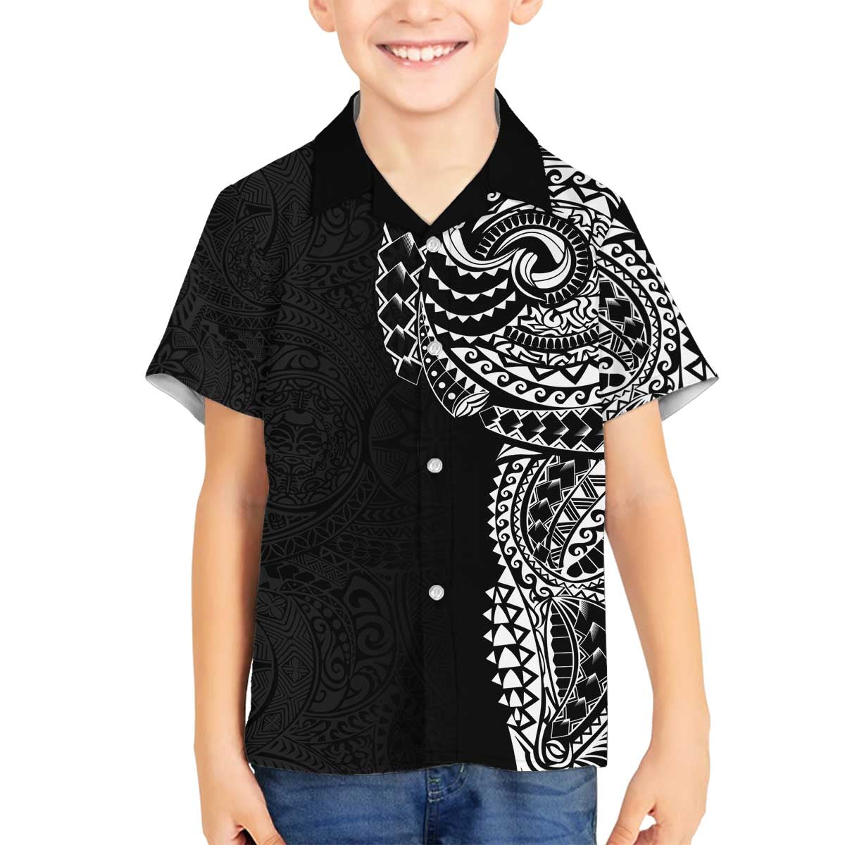 Polynesian Art Traditional Tattoo Pattern Family Matching Off Shoulder Short Dress and Hawaiian Shirt LT03 Son's Shirt Black - Polynesian Pride