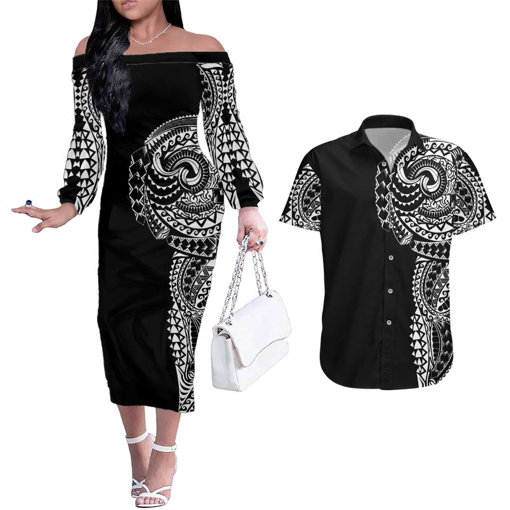 Polynesian Art Traditional Tattoo Couples Matching Off The Shoulder Long Sleeve Dress and Hawaiian Shirt Simple Style