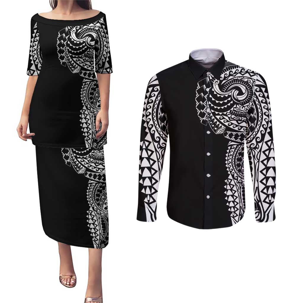 Polynesian Art Traditional Tattoo Couples Matching Puletasi and Long Sleeve Button Shirt Simple Style