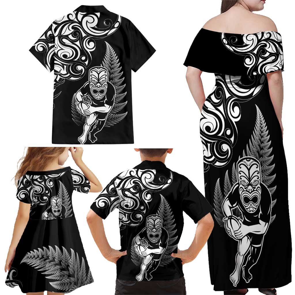 New Zealand Maori Warrior Rugby Family Matching Off Shoulder Maxi Dress and Hawaiian Shirt Silver Fern