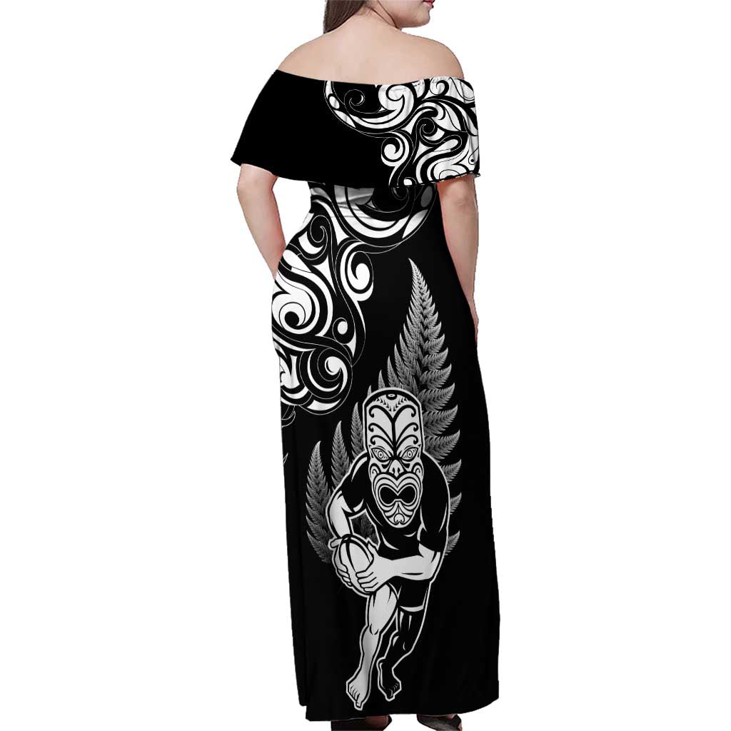 New Zealand Maori Warrior Rugby Family Matching Off Shoulder Maxi Dress and Hawaiian Shirt Silver Fern