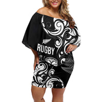 New Zealand Maori Warrior Rugby Off Shoulder Short Dress Silver Fern