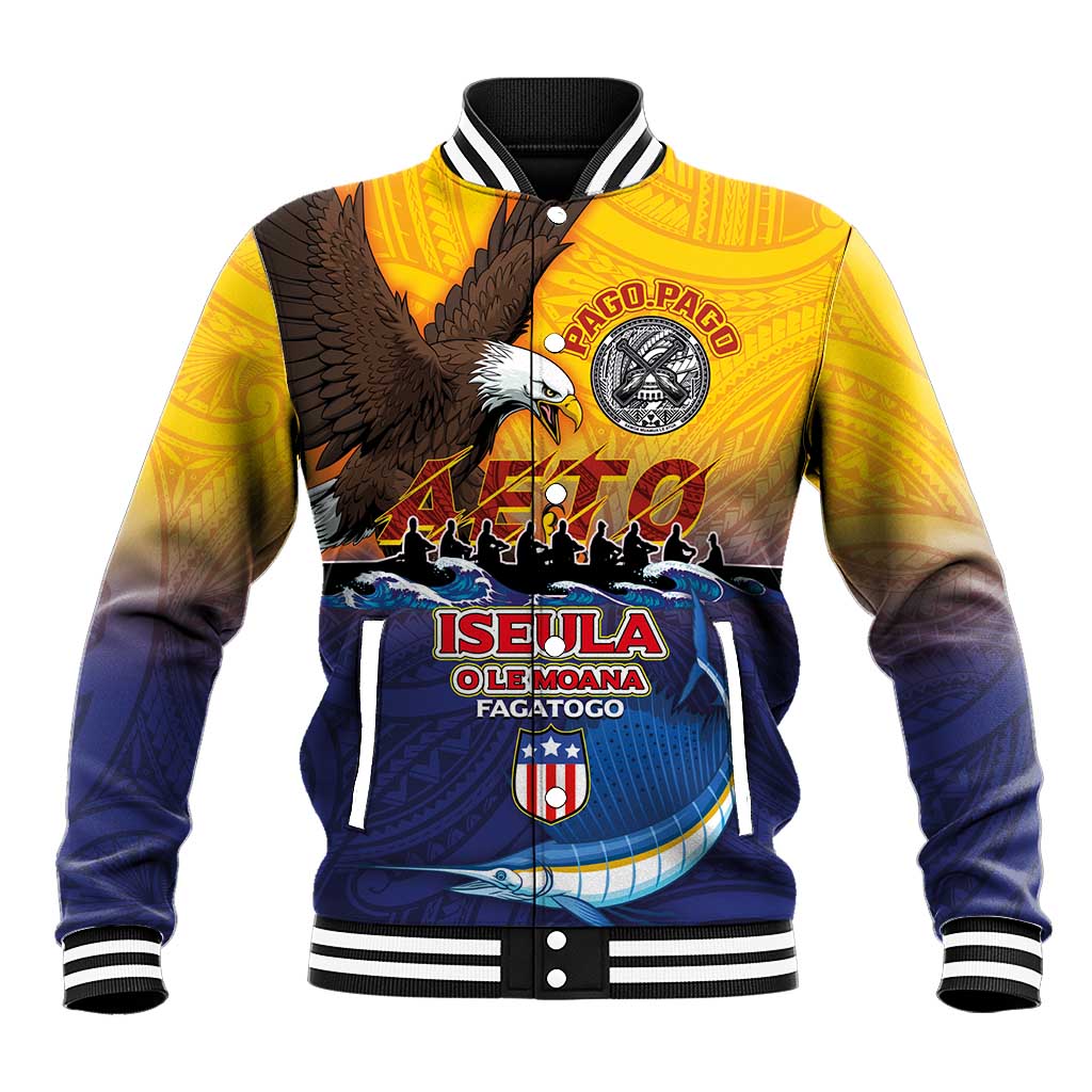 American Samoa Fautasi Baseball Jacket Bald Eage and Sailfish with Kakau Motifs - Polynesian Pride