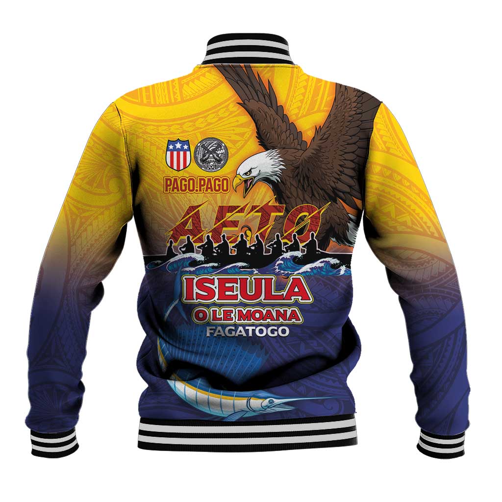 American Samoa Fautasi Baseball Jacket Bald Eage and Sailfish with Kakau Motifs - Polynesian Pride