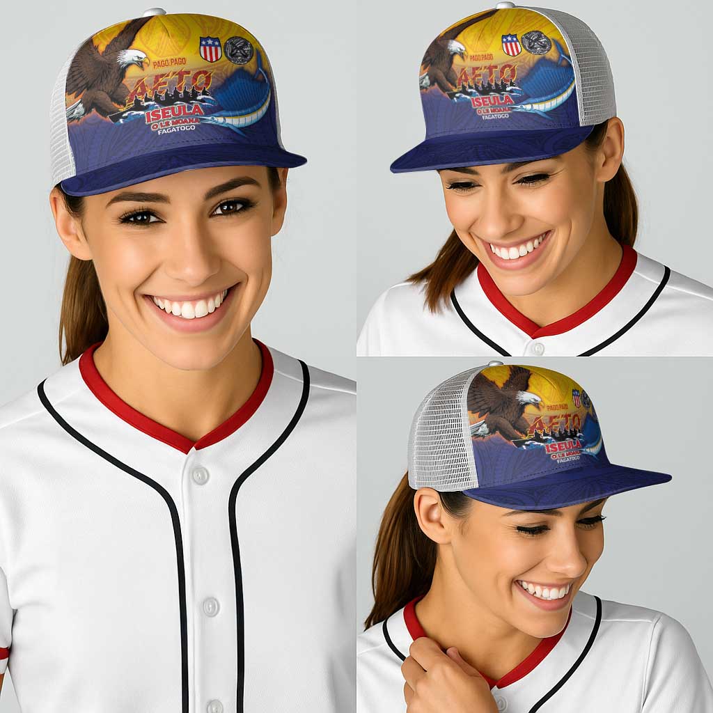 American Samoa Fautasi Baseball Net Cap Bald Eage and Sailfish with Kakau Motifs - Polynesian Pride