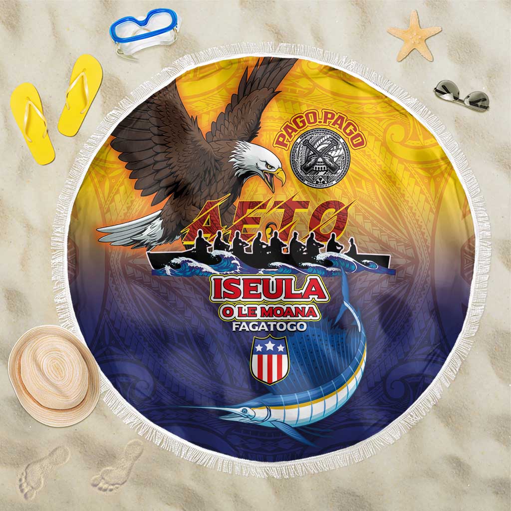 American Samoa Fautasi Beach Blanket Bald Eage and Sailfish with Kakau Motifs - Polynesian Pride
