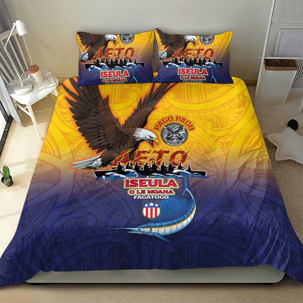 American Samoa Fautasi Bedding Set Bald Eage and Sailfish with Kakau Motifs - Polynesian Pride