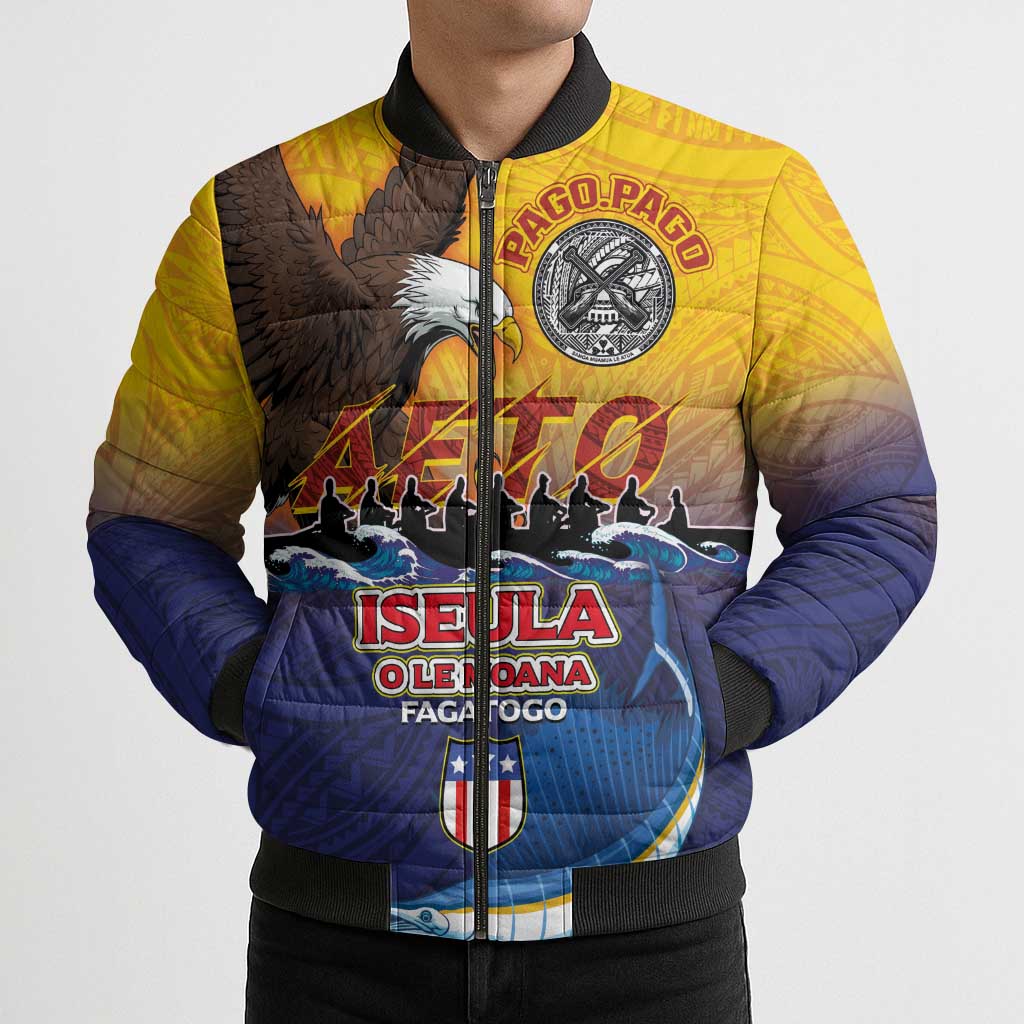 American Samoa Fautasi Bomber Puffer Jacket Bald Eage and Sailfish with Kakau Motifs - Polynesian Pride