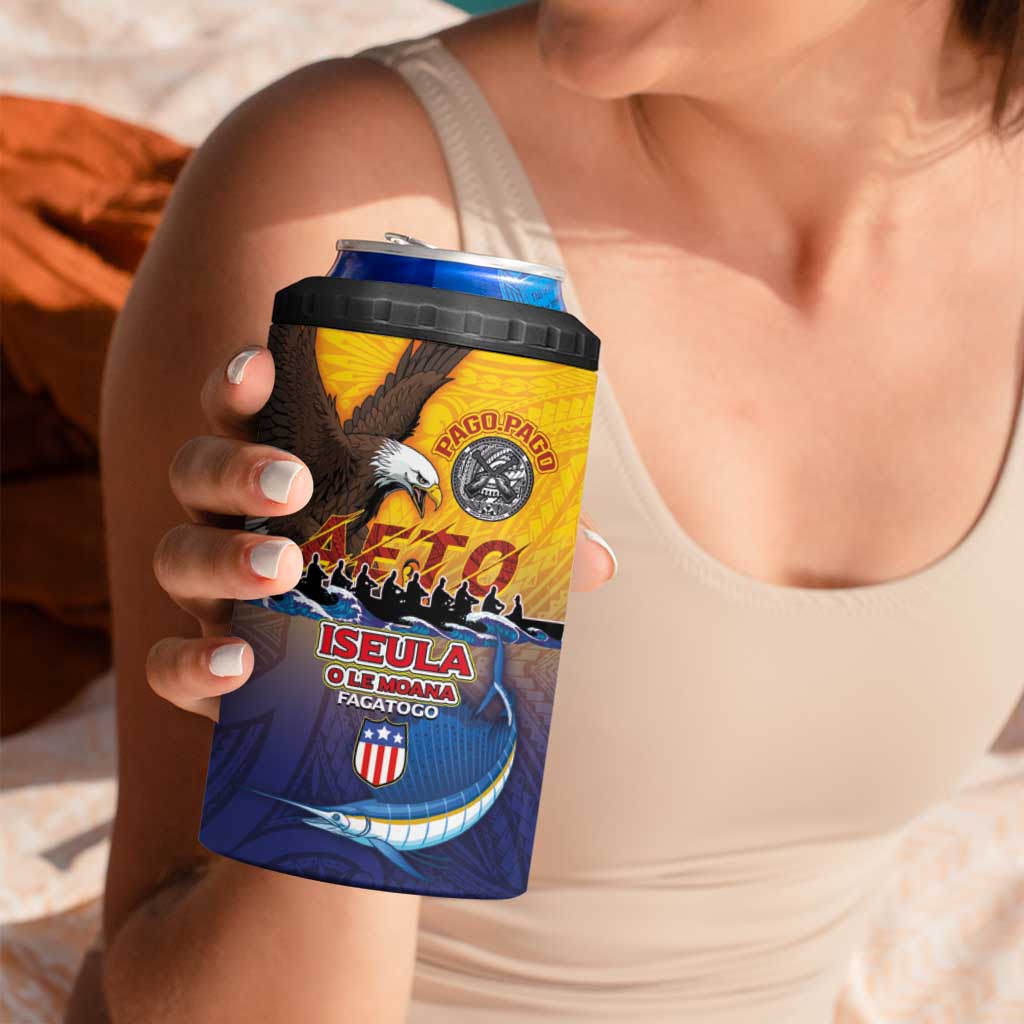 American Samoa Fautasi 4 in 1 Can Cooler Tumbler Bald Eage and Sailfish with Kakau Motifs - Polynesian Pride