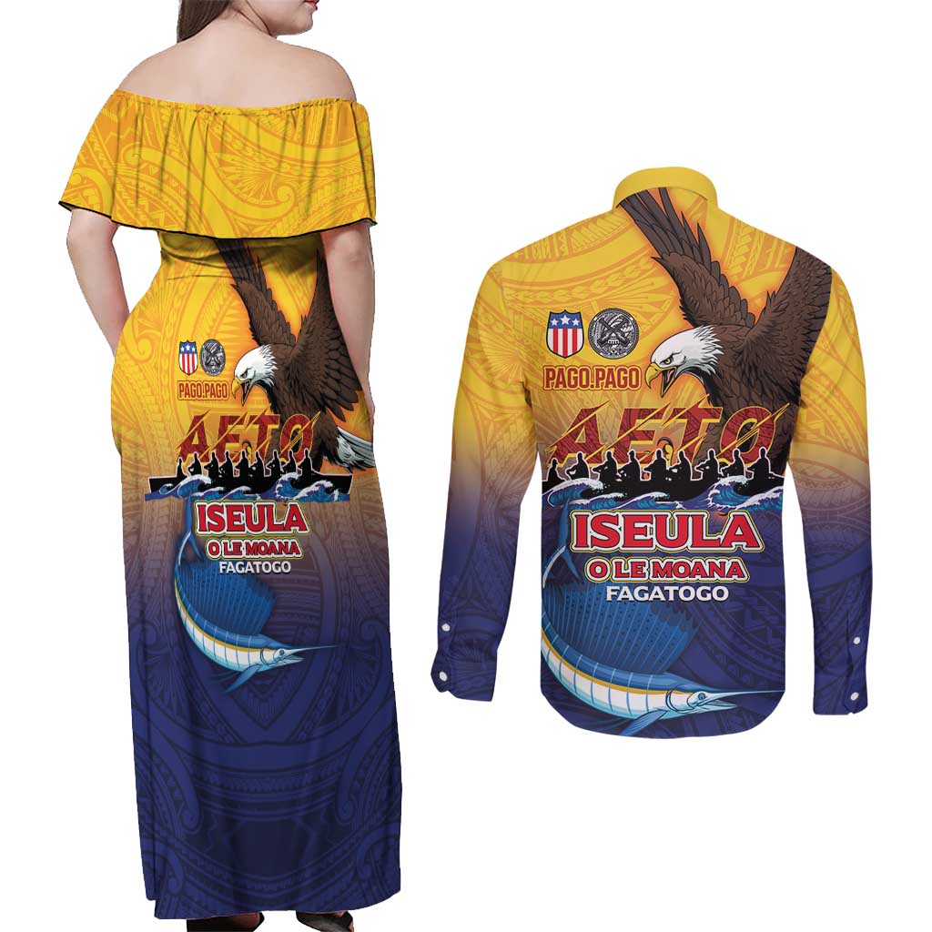 American Samoa Fautasi Couples Matching Off Shoulder Maxi Dress and Long Sleeve Button Shirt Bald Eage and Sailfish with Kakau Motifs - Polynesian Pride