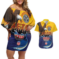 American Samoa Fautasi Couples Matching Off Shoulder Short Dress and Hawaiian Shirt Bald Eage and Sailfish with Kakau Motifs - Polynesian Pride