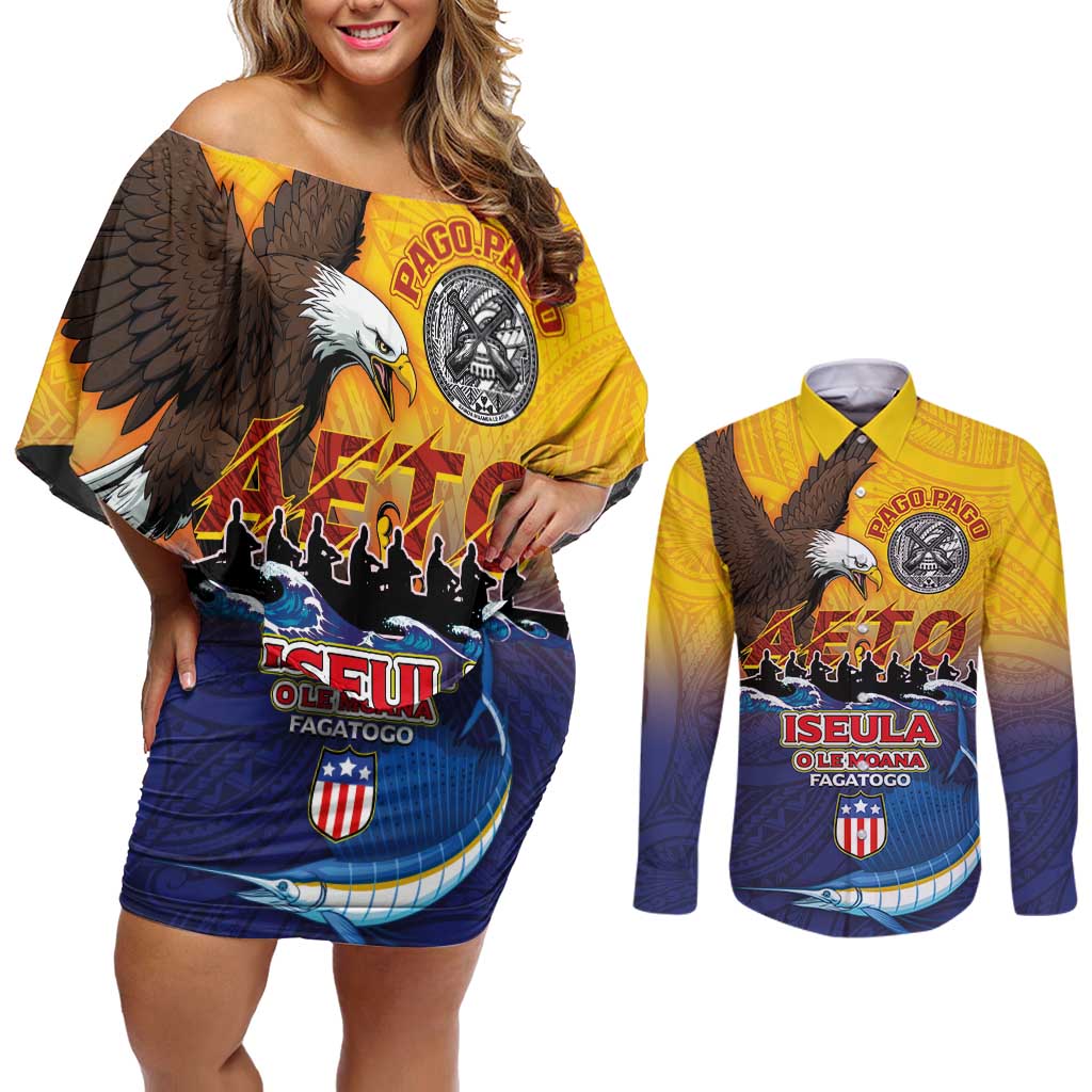 American Samoa Fautasi Couples Matching Off Shoulder Short Dress and Long Sleeve Button Shirt Bald Eage and Sailfish with Kakau Motifs - Polynesian Pride