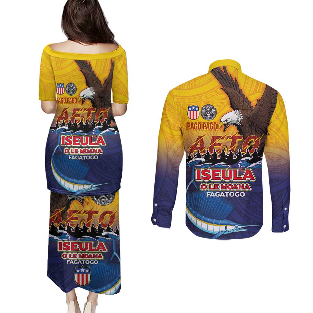 American Samoa Fautasi Couples Matching Puletasi and Long Sleeve Button Shirt Bald Eage and Sailfish with Kakau Motifs - Polynesian Pride