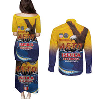 American Samoa Fautasi Couples Matching Puletasi and Long Sleeve Button Shirt Bald Eage and Sailfish with Kakau Motifs - Polynesian Pride