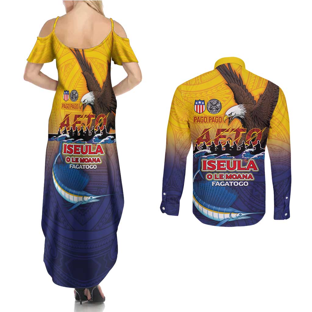 American Samoa Fautasi Couples Matching Summer Maxi Dress and Long Sleeve Button Shirt Bald Eage and Sailfish with Kakau Motifs - Polynesian Pride