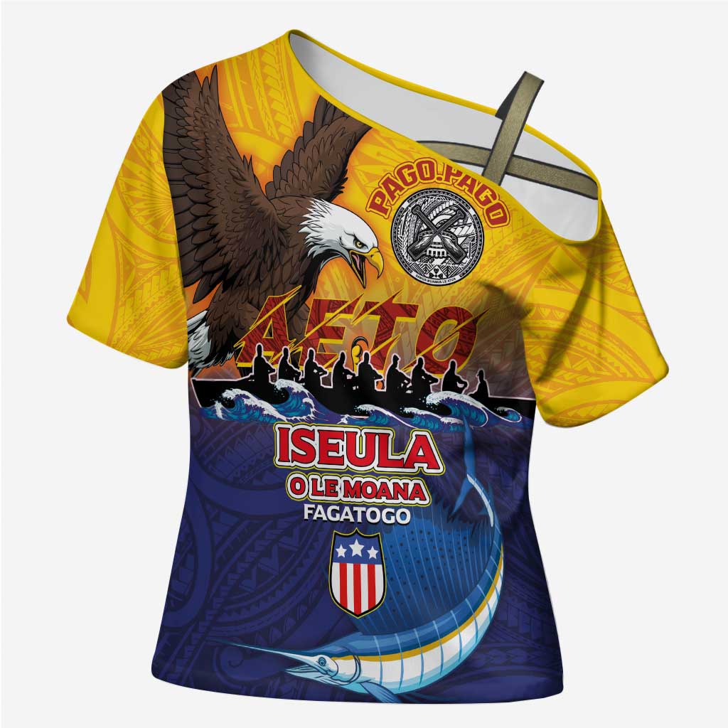 American Samoa Fautasi Cross Shoulder Shirt Bald Eage and Sailfish with Kakau Motifs - Polynesian Pride
