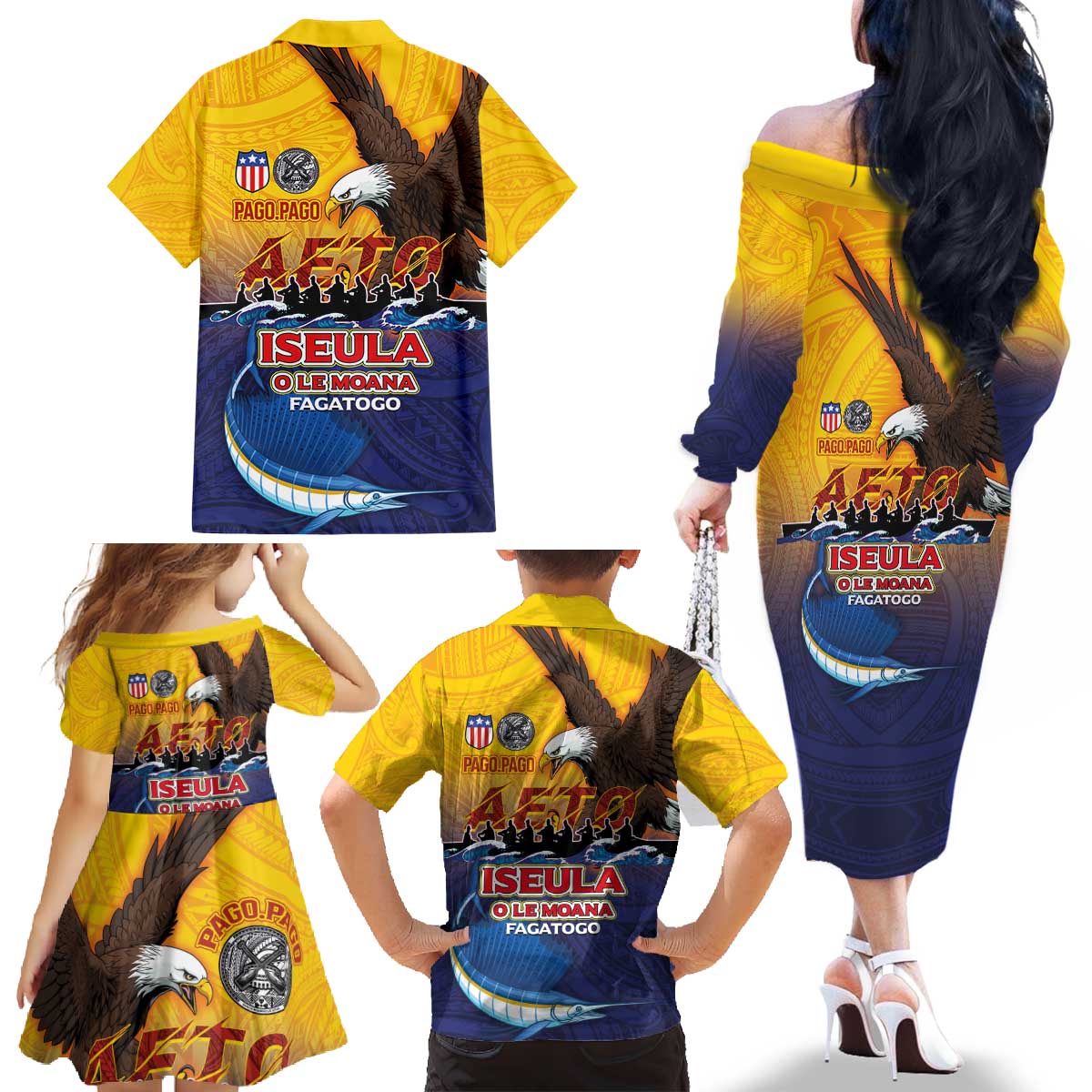American Samoa Fautasi Family Matching Off The Shoulder Long Sleeve Dress and Hawaiian Shirt Bald Eage and Sailfish with Kakau Motifs - Polynesian Pride
