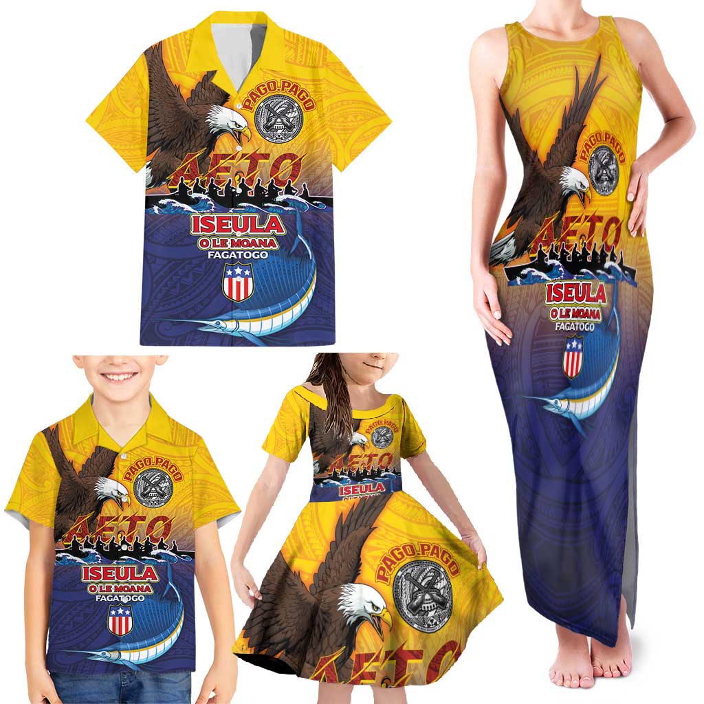 American Samoa Fautasi Family Matching Tank Maxi Dress and Hawaiian Shirt Bald Eage and Sailfish with Kakau Motifs - Polynesian Pride