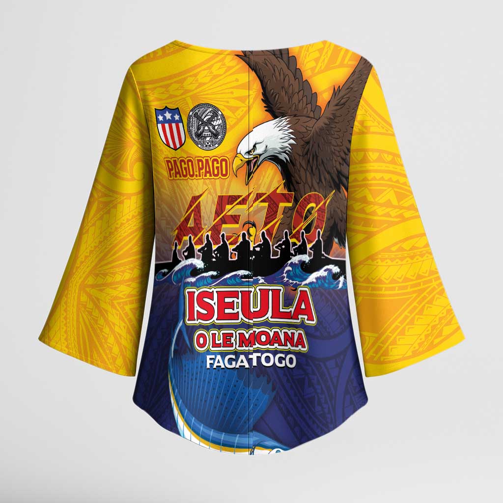 American Samoa Fautasi Kimono Sleeve Blouse Bald Eage and Sailfish with Kakau Motifs - Polynesian Pride