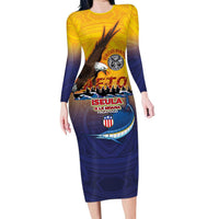 American Samoa Fautasi Long Sleeve Bodycon Dress Bald Eage and Sailfish with Kakau Motifs - Polynesian Pride