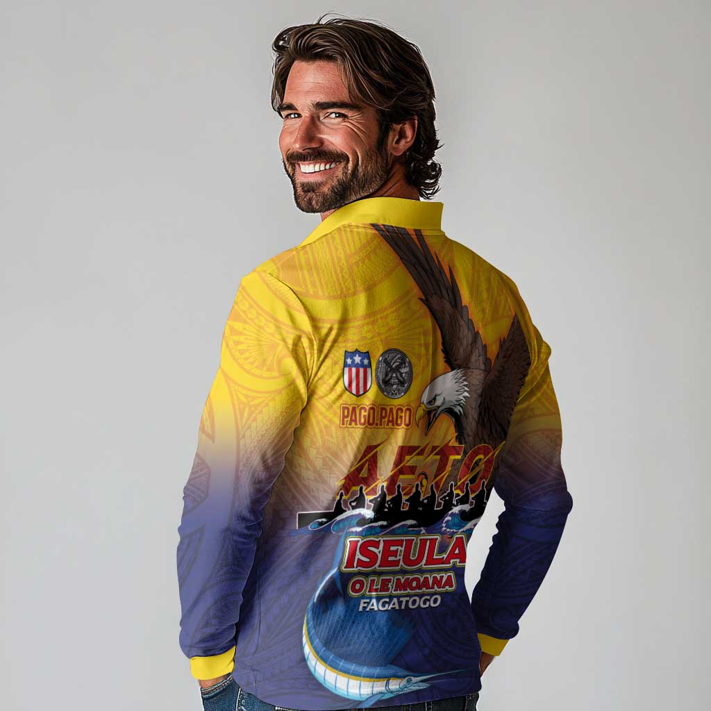 American Samoa Fautasi Long Sleeve Polo Shirt Bald Eage and Sailfish with Kakau Motifs - Polynesian Pride