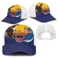 American Samoa Fautasi Mesh Trucker Cap Bald Eage and Sailfish with Kakau Motifs - Polynesian Pride