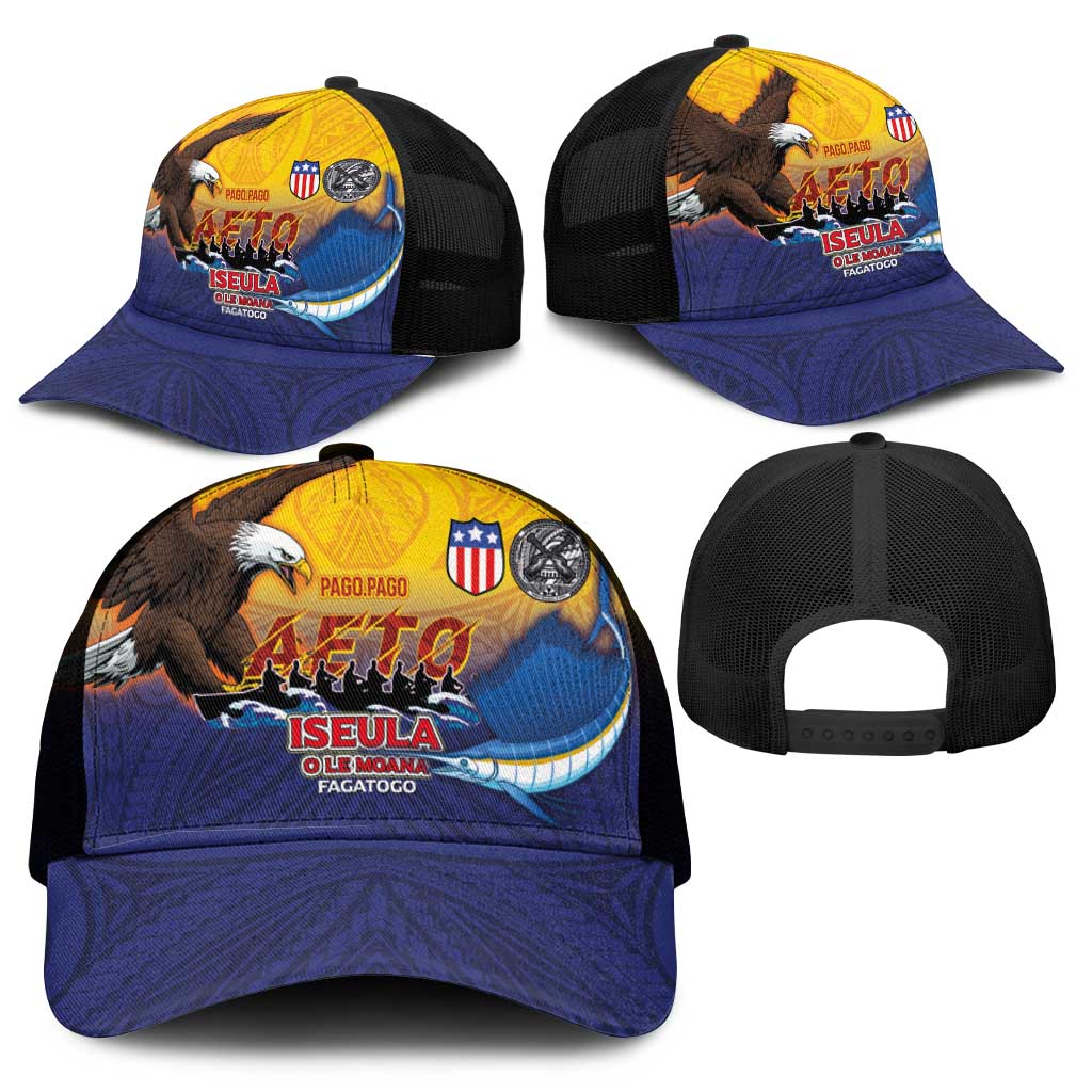 American Samoa Fautasi Mesh Trucker Cap Bald Eage and Sailfish with Kakau Motifs - Polynesian Pride