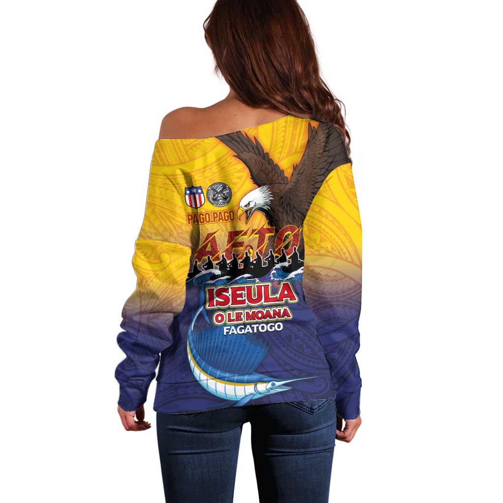 American Samoa Fautasi Off Shoulder Sweater Bald Eage and Sailfish with Kakau Motifs - Polynesian Pride