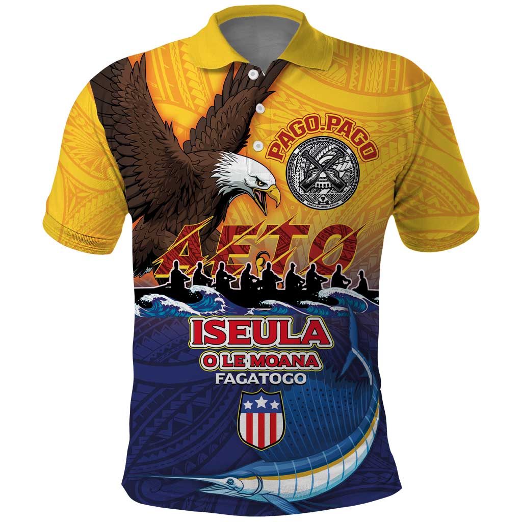 American Samoa Fautasi Polo Shirt Bald Eage and Sailfish with Kakau Motifs - Polynesian Pride