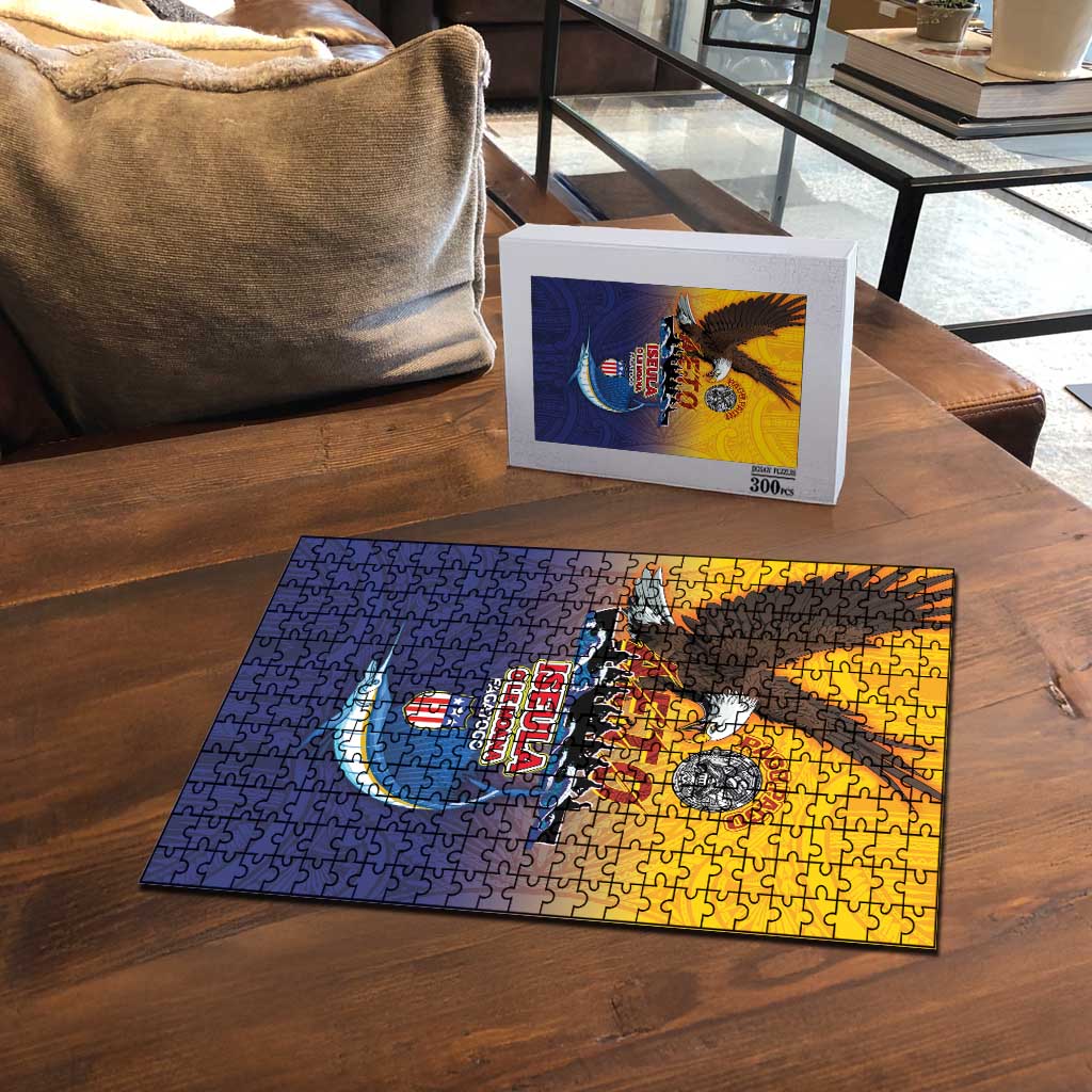 American Samoa Fautasi Puzzle Bald Eage and Sailfish with Kakau Motifs - Polynesian Pride