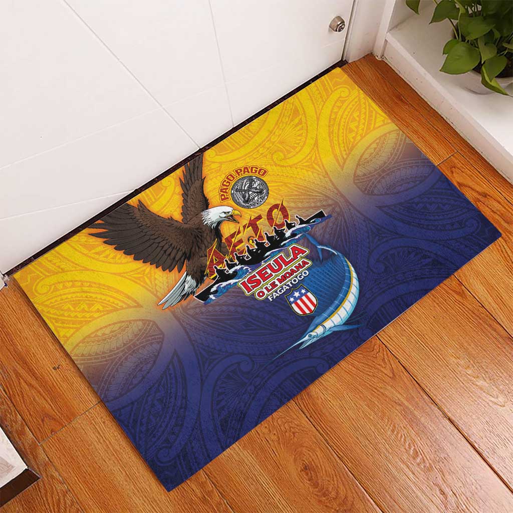 American Samoa Fautasi Rubber Doormat Bald Eage and Sailfish with Kakau Motifs - Polynesian Pride
