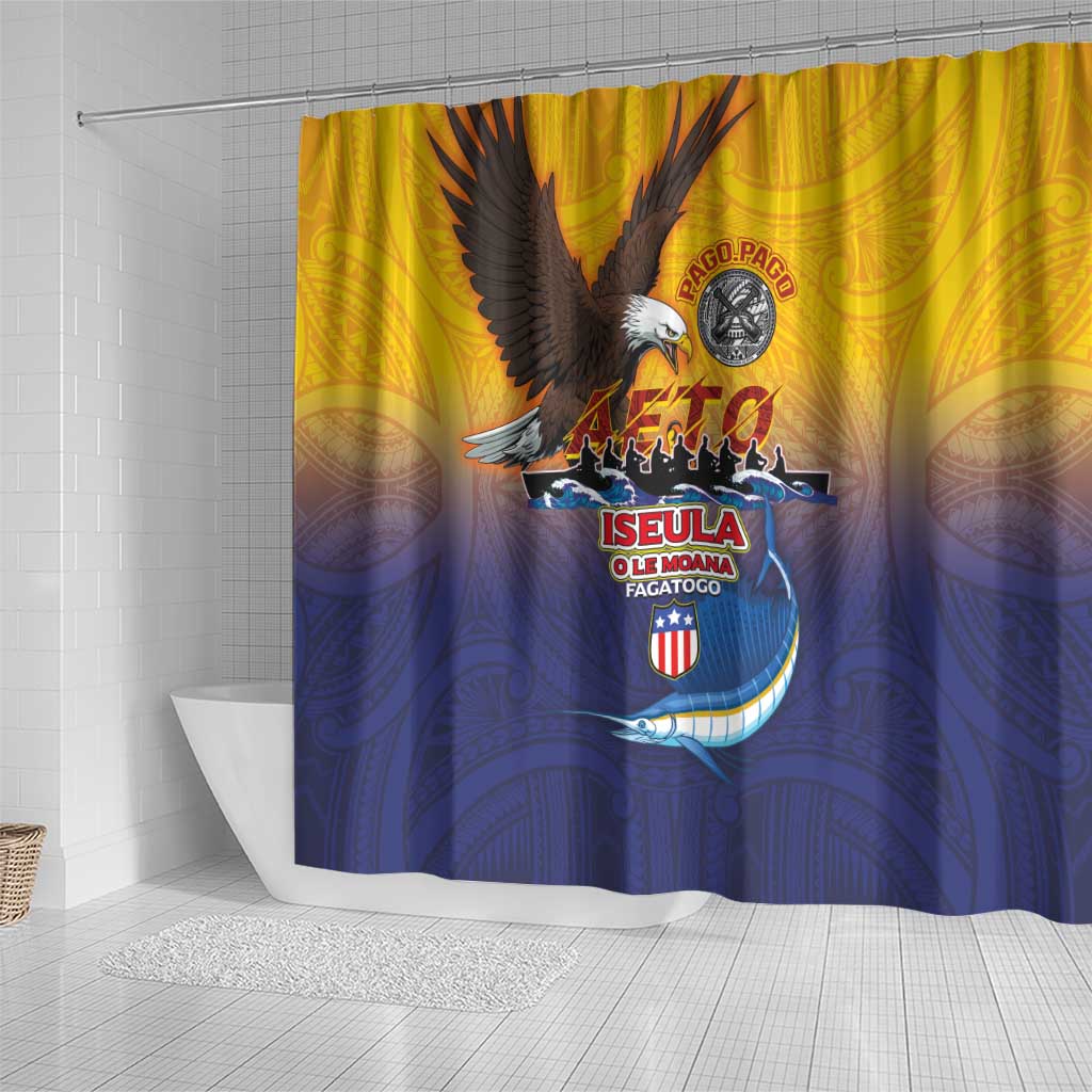 American Samoa Fautasi Shower Curtain Bald Eage and Sailfish with Kakau Motifs - Polynesian Pride