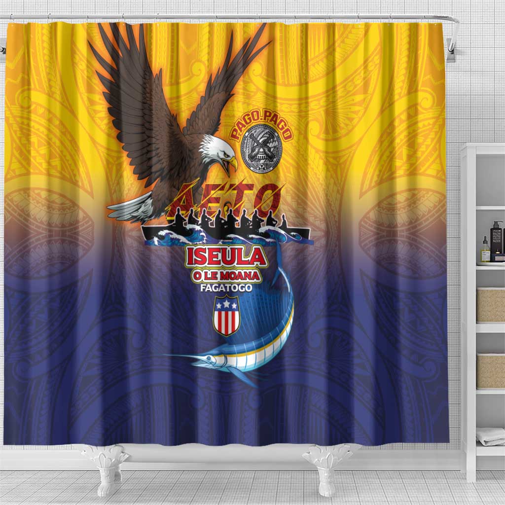 American Samoa Fautasi Shower Curtain Bald Eage and Sailfish with Kakau Motifs - Polynesian Pride