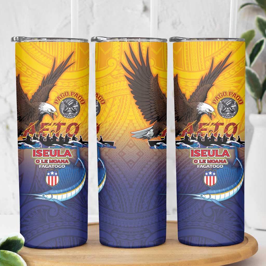 American Samoa Fautasi Skinny Tumbler Bald Eage and Sailfish with Kakau Motifs - Polynesian Pride