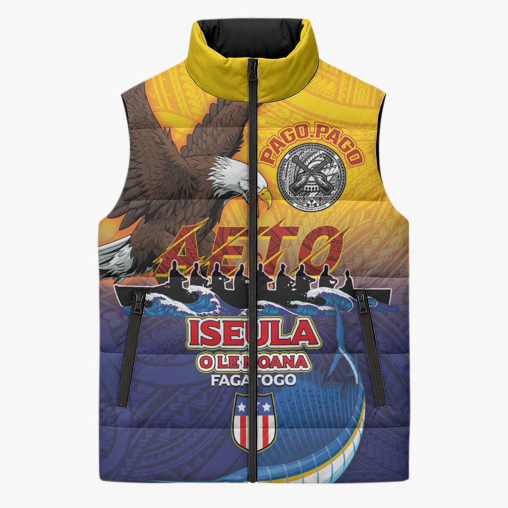 American Samoa Fautasi Sleeveless Puffer Jacket Bald Eage and Sailfish with Kakau Motifs - Polynesian Pride