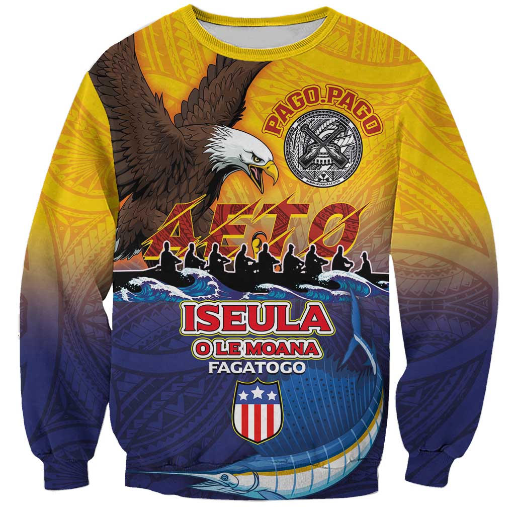 American Samoa Fautasi Sweatshirt Bald Eage and Sailfish with Kakau Motifs - Polynesian Pride