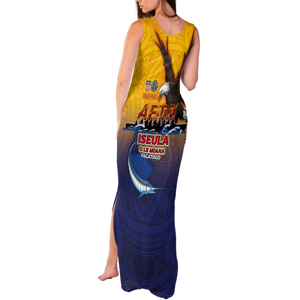 American Samoa Fautasi Tank Maxi Dress Bald Eage and Sailfish with Kakau Motifs - Polynesian Pride