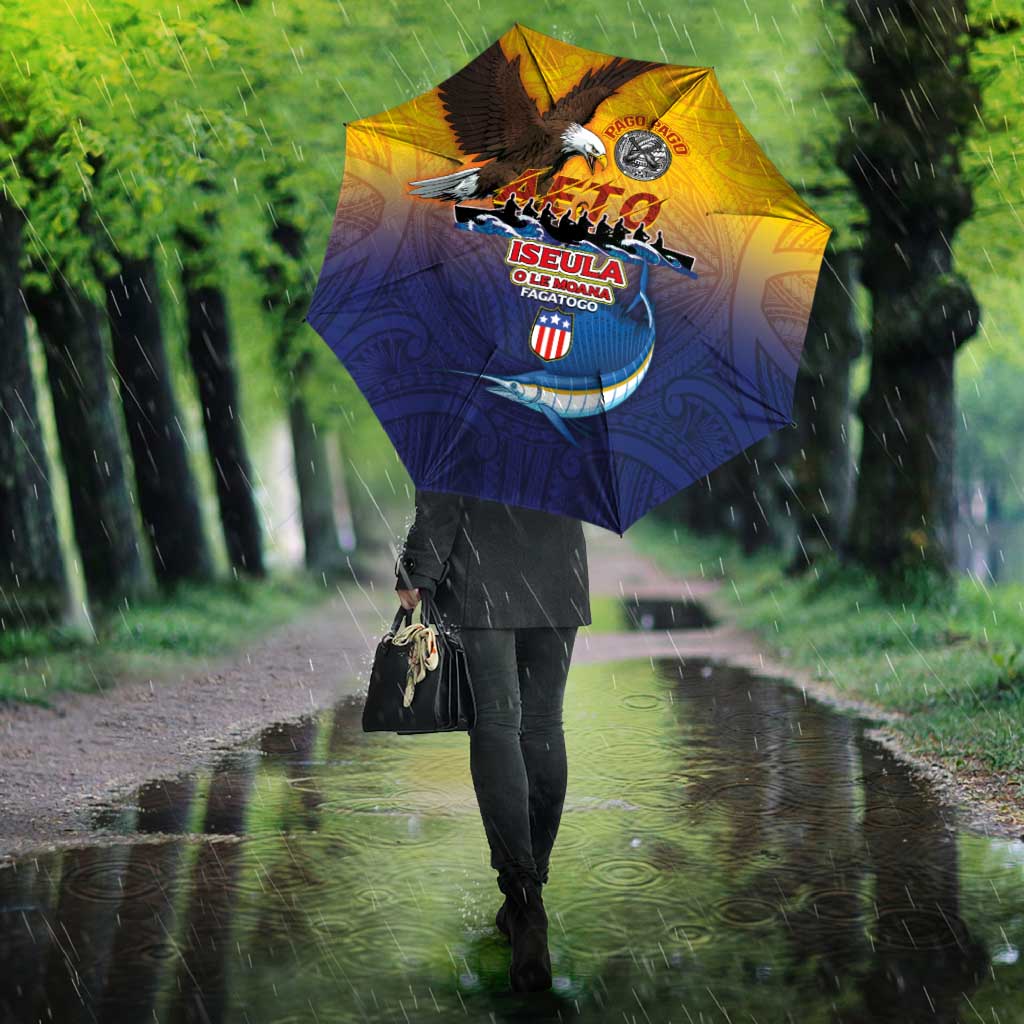 American Samoa Fautasi Umbrella Bald Eage and Sailfish with Kakau Motifs - Polynesian Pride