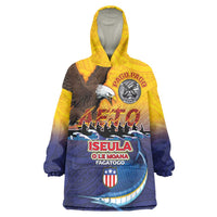 American Samoa Fautasi Wearable Blanket Hoodie Bald Eage and Sailfish with Kakau Motifs - Polynesian Pride
