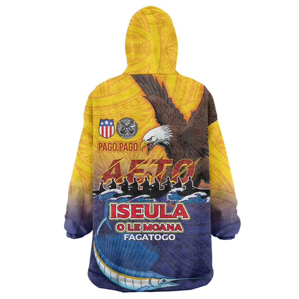 American Samoa Fautasi Wearable Blanket Hoodie Bald Eage and Sailfish with Kakau Motifs - Polynesian Pride