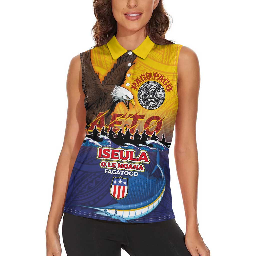 American Samoa Fautasi Women Sleeveless Polo Shirt Bald Eage and Sailfish with Kakau Motifs - Polynesian Pride