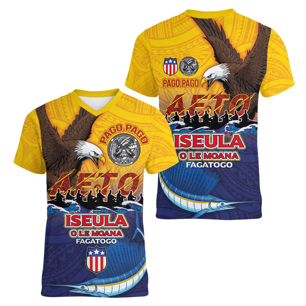 American Samoa Fautasi Women V-Neck T-Shirt Bald Eage and Sailfish with Kakau Motifs - Polynesian Pride